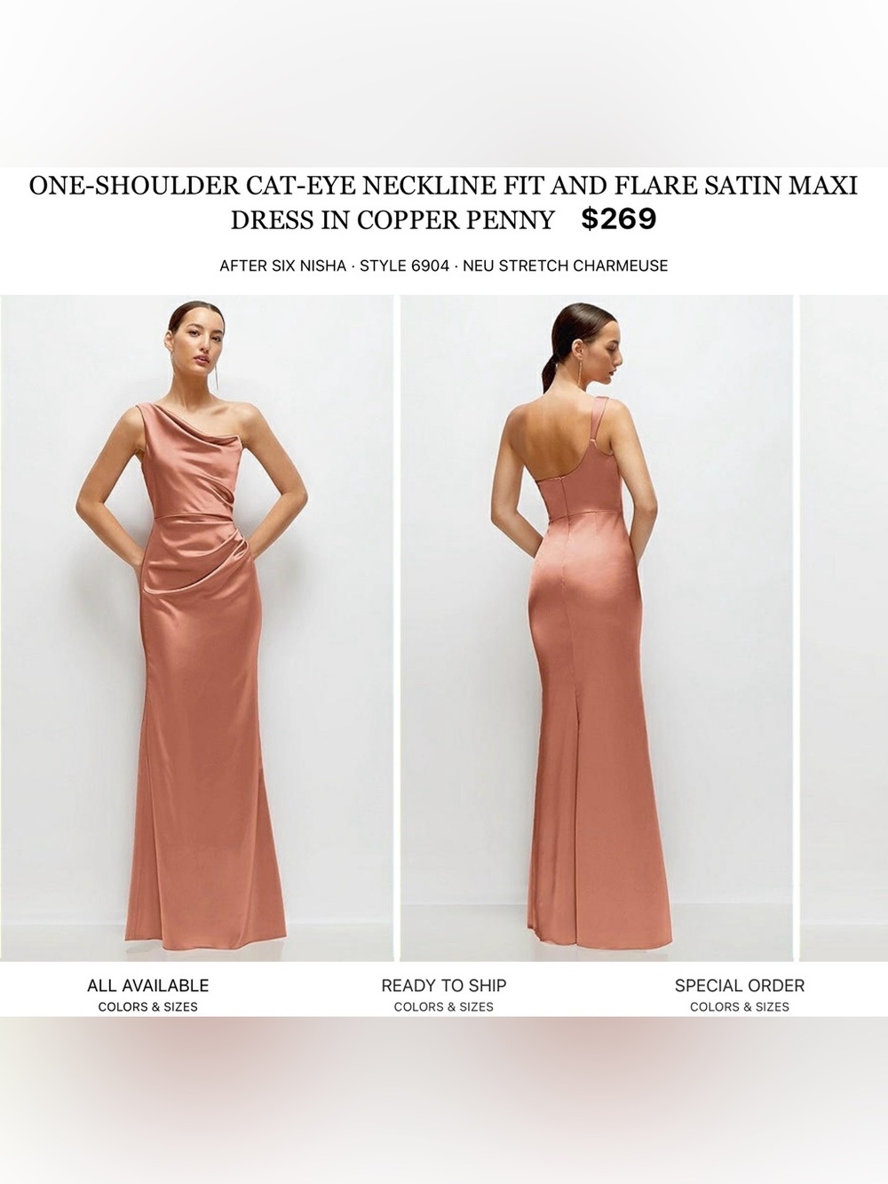 After Six Copper Penny One-Shoulder Satin Maxi Dress